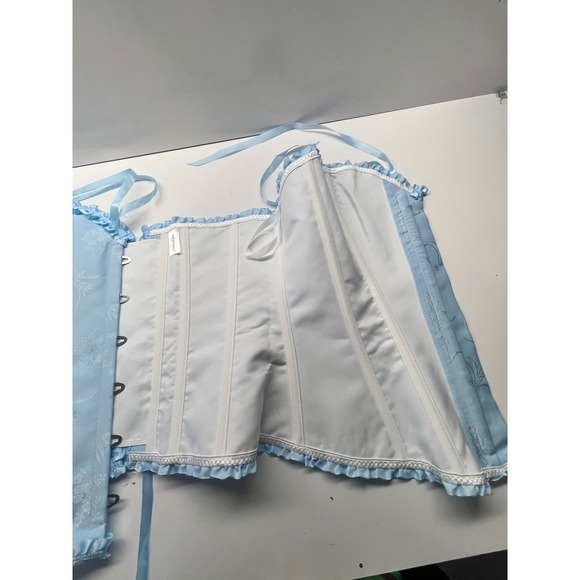 Light Blue Brocade Corset Bustier Top Lace Up Ruffle Trim Whitchcore Size M - Picture 4 of 7